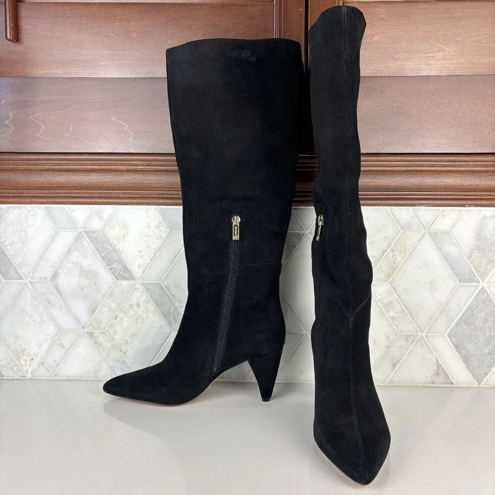 7.5 Tall Knee High Boot Black Leather Suede Cone Heel Pointed Toe Zip Bryle